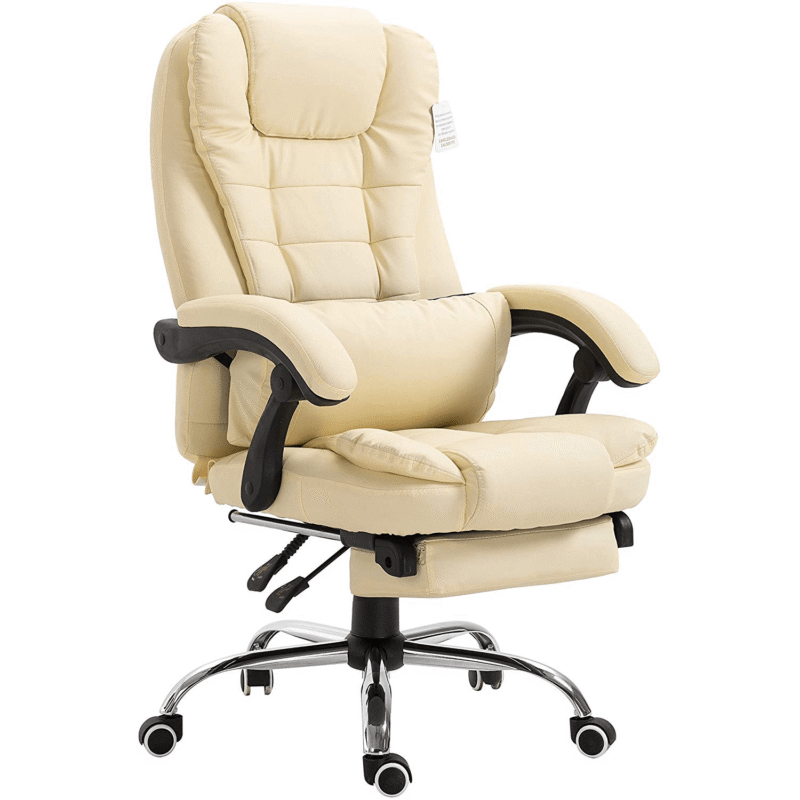 Executive Reclining Computer Desk Chair with Footrest, Headrest and Lumbar Cushion Support Furniture, MR34 Cream PU Leather