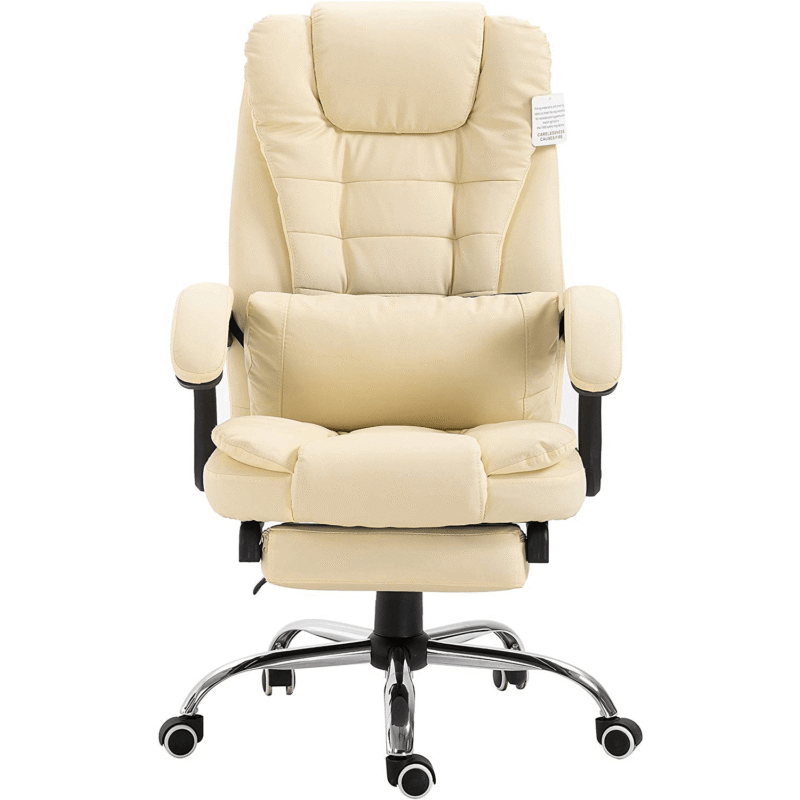 Executive Reclining Computer Desk Chair with Footrest, Headrest and Lumbar Cushion Support Furniture, MR34 Cream PU Leather - Image 2