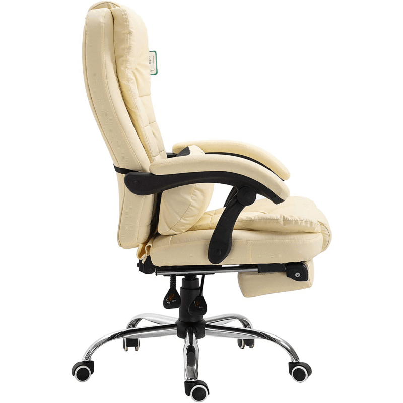 Executive Reclining Computer Desk Chair with Footrest, Headrest and Lumbar Cushion Support Furniture, MR34 Cream PU Leather - Image 4