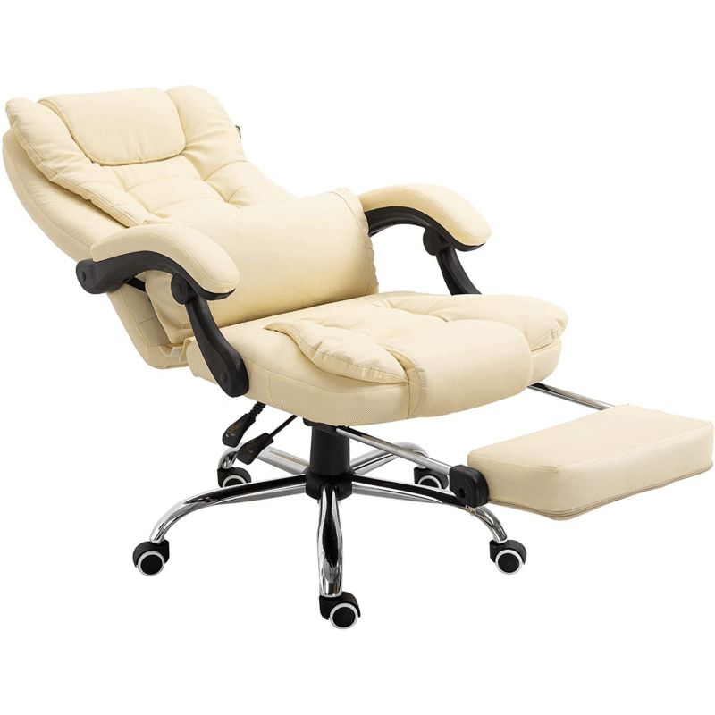 Executive Reclining Computer Desk Chair with Footrest, Headrest and Lumbar Cushion Support Furniture, MR34 Cream PU Leather - Image 6
