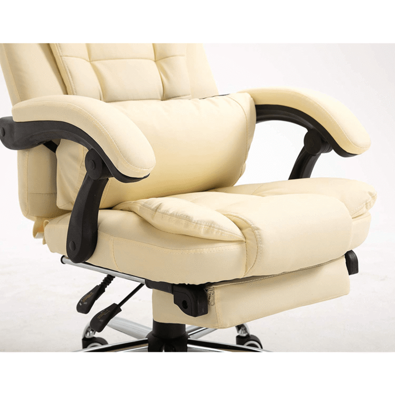 Executive Reclining Computer Desk Chair with Footrest, Headrest and Lumbar Cushion Support Furniture, MR34 Cream PU Leather - Image 8