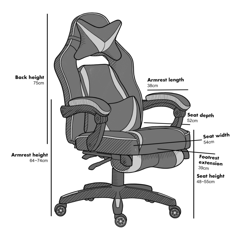 High Back Recliner Gaming Swivel Chair with Footrest & Adjustable Lumbar & Head Cushion, MR49 Black & White - Image 3