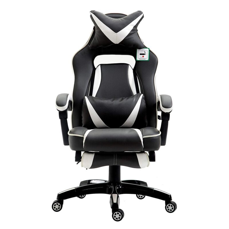 High Back Recliner Gaming Swivel Chair with Footrest & Adjustable Lumbar & Head Cushion, MR49 Black & White - Image 2