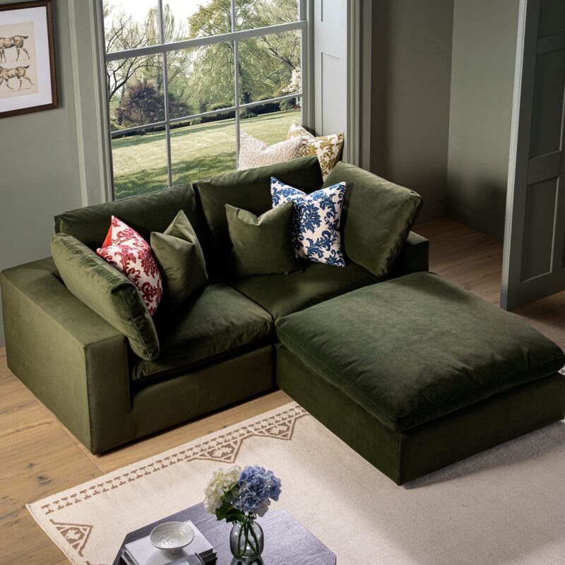 Lutyens Moss Green Velvet Modular Sofa, 2-Piece Chaise - Image 3