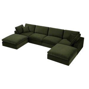 Lutyens Moss Green Velvet Modular Sofa, 6-Piece U-Shape Set