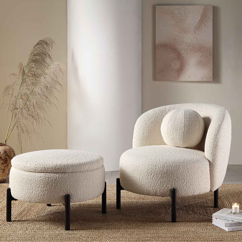 Amboise Armchair with Ball Cushion, Ecru Boucle - Image 2
