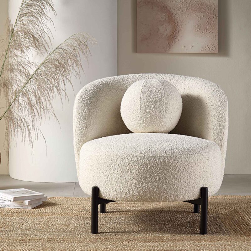 Amboise Armchair with Ball Cushion, Ecru Boucle - Image 3