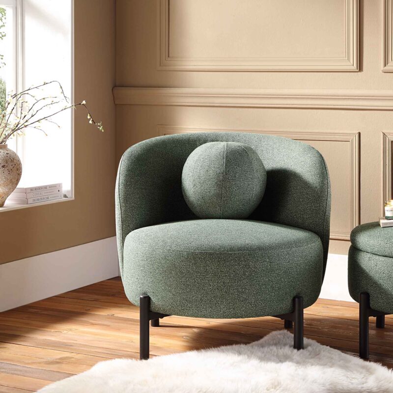 Amboise Armchair with Ball Cushion, Spruce Green Textured Fabric - Image 2