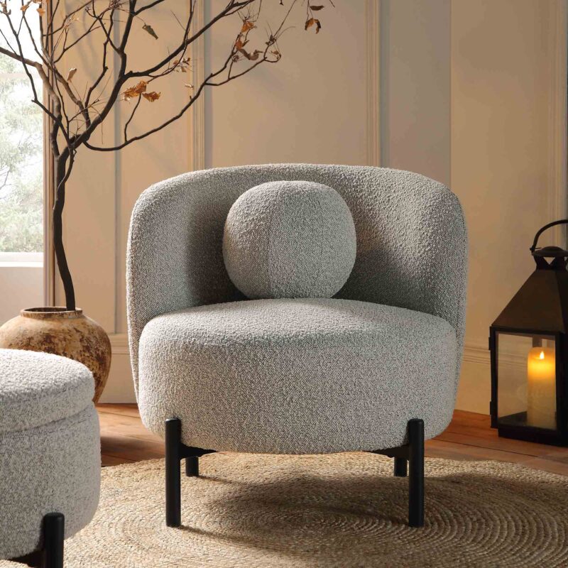 Amboise Armchair with Ball Cushion, Mist Grey Boucle - Image 2