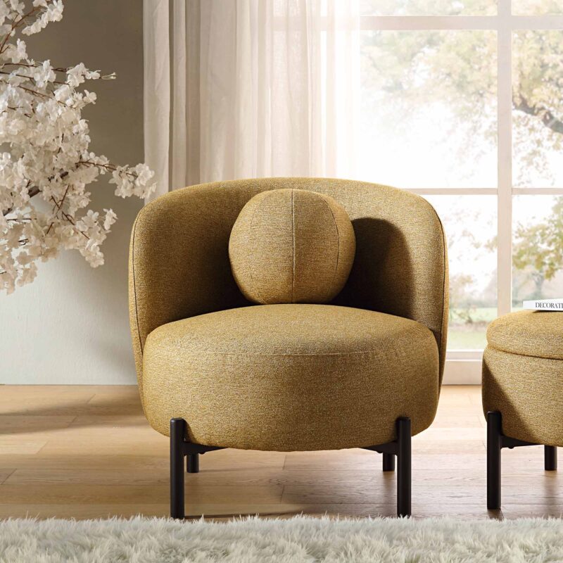 Amboise Armchair with Ball Cushion, Marigold Textured Fabric - Image 2
